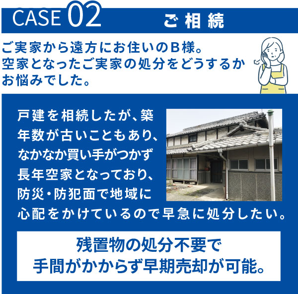 Case02 ご相続 ご実家方遠方にお住まいのB様。空き家となったご実家をどうするかお悩みでした。